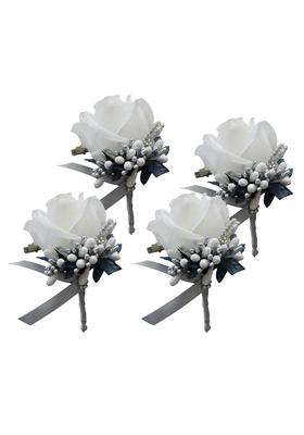 Club Bollywood BNF 4X Fake Rose Flower Brooch Pin Wedding Corsage Pin White and Silver Gray