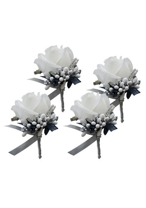 Club Bollywood BNF 4X Fake Rose Flower Brooch Pin Wedding Corsage Pin White and Silver Gray