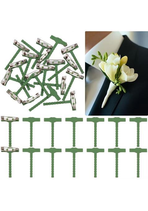 Sunnyclue 20Pcs Boutonniere Safety Pins Boutonniere Brooch Dark Green Floral T Shape Pin Iron Plastic Corsage