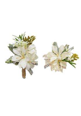 Buueerr Artificial Ivory Flower Brooch Boutonniere and Wrist Corsage Wristband Set Floral Silk Fabric
