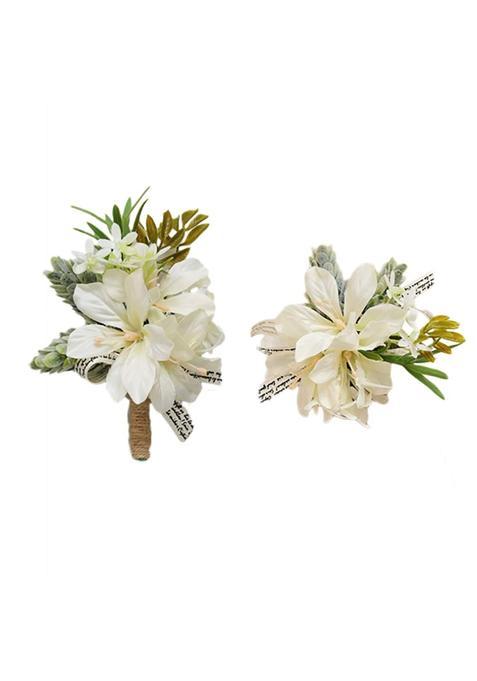 Buueerr Artificial Ivory Flower Brooch Boutonniere and Wrist Corsage Wristband Set Floral Silk Fabric