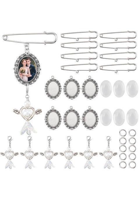 Sunnyclue 1 Box 50Pcs DIY 10 Sets Wedding Bouquet Photo Charms Memorial Photo Charm Pin Brooch Making Kit