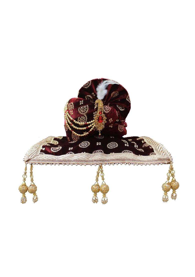Krypmax Mens Printed Velvet Traditional Ethnic Safa Turban Pagdi Pagri Maroon Color with Velvet Dupatta Size - Indya