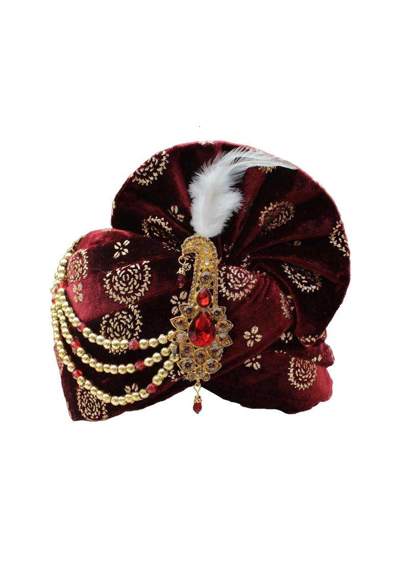 Krypmax Mens Printed Velvet Traditional Ethnic Safa Turban Pagdi Pagri Maroon Color with Velvet Dupatta Size - Indya