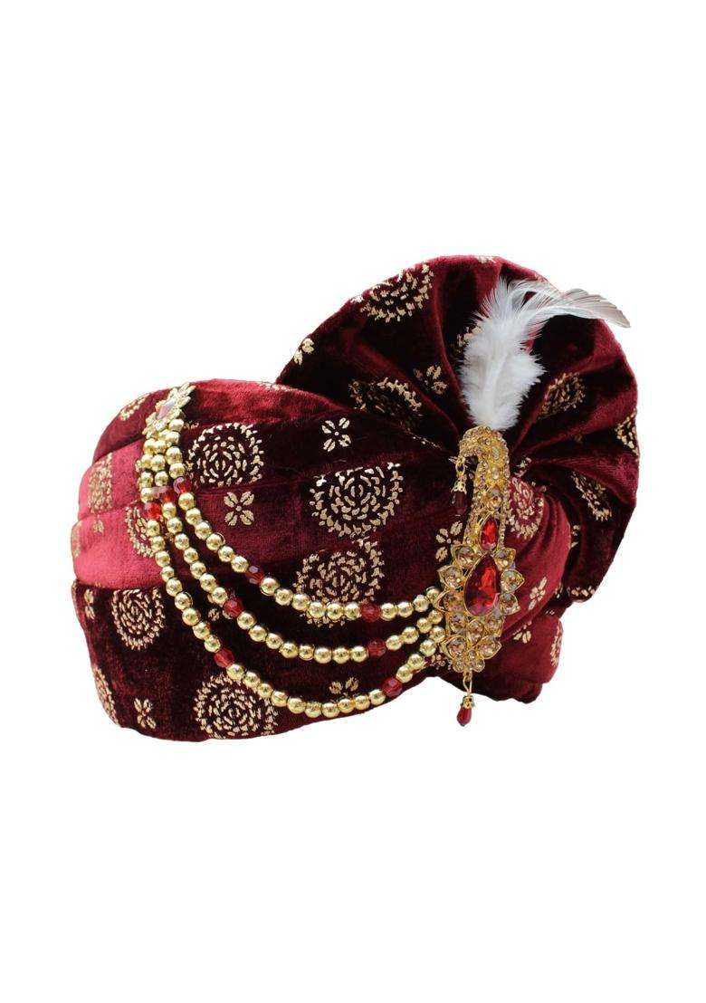 Krypmax Mens Printed Velvet Traditional Ethnic Safa Turban Pagdi Pagri Maroon Color with Velvet Dupatta Size - Indya