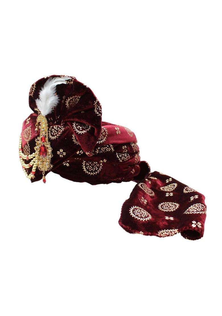 Krypmax Mens Printed Velvet Traditional Ethnic Safa Turban Pagdi Pagri Maroon Color with Velvet Dupatta Size - Indya
