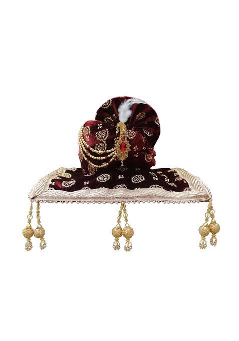 Krypmax Mens Printed Velvet Traditional Ethnic Safa Turban Pagdi Pagri Maroon Color with Velvet Dupatta Size