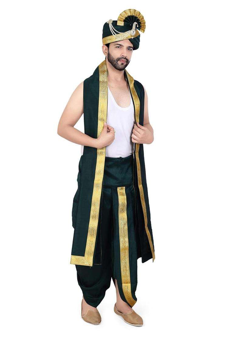 Priyakant Safawala Green Premium Mens Traditional Wedding Collection Safa with Dhoti Dupatta Set - Indya