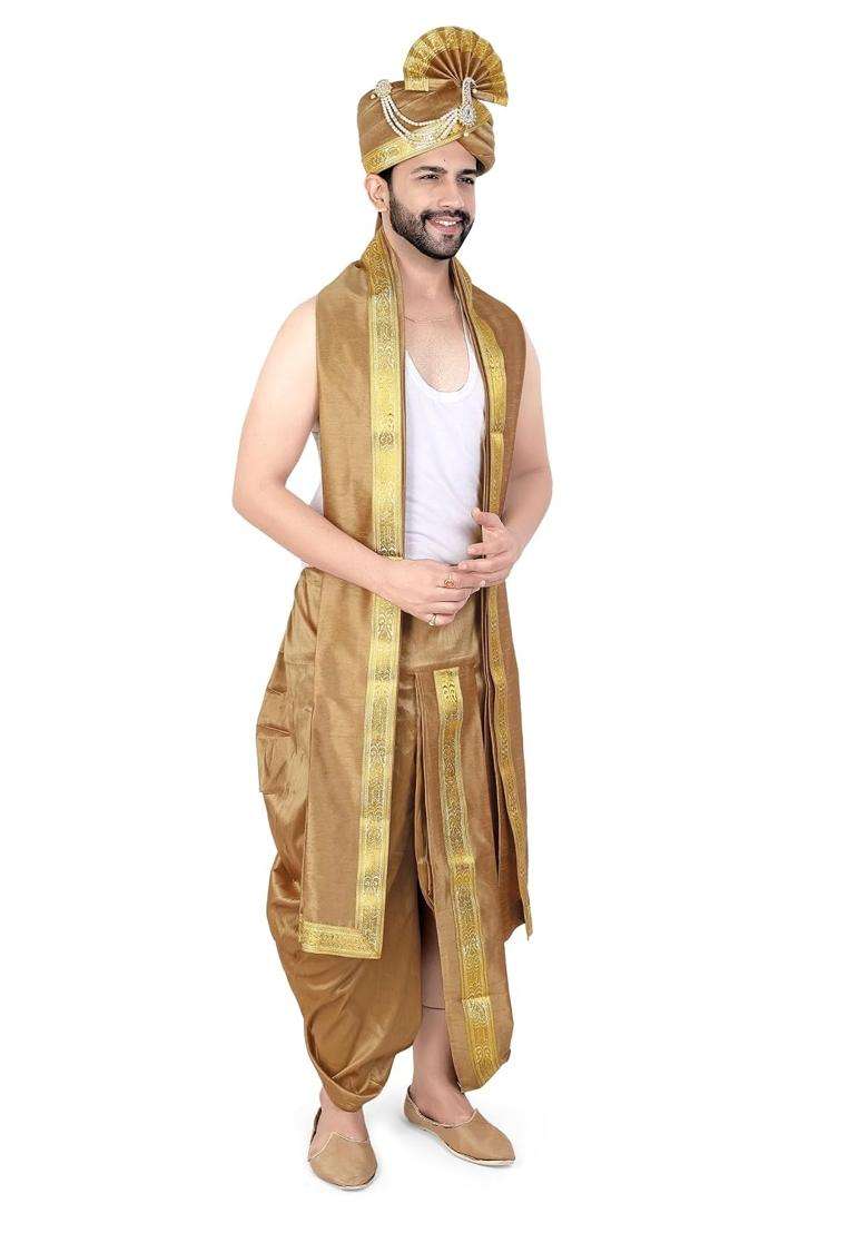 Priyakant Safawala Golden Premium Mens Traditional Wedding Collection Safa with Dhoti Dupatta Set - Indya