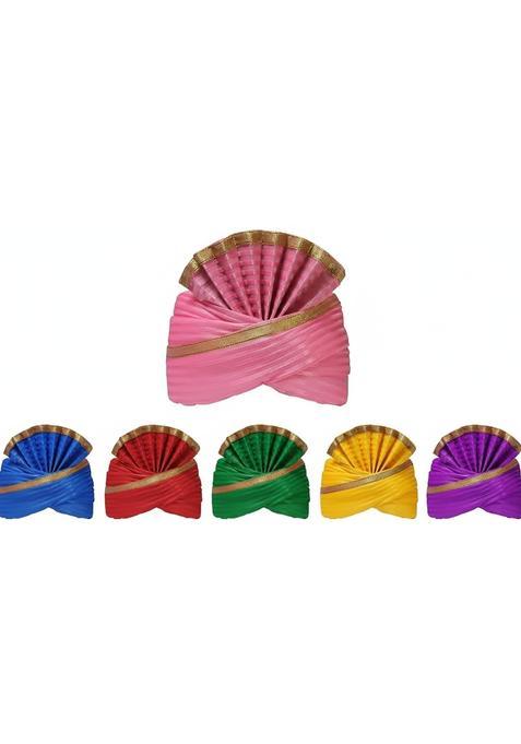 Pink Satin Turban Safa Pagdi with Gold Border Traditional Barati Headwear