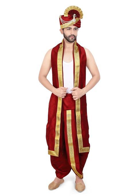 Priyakant Safawala Maroon Premium Mens Traditional Collection Safa with Dhoti Dupatta Set