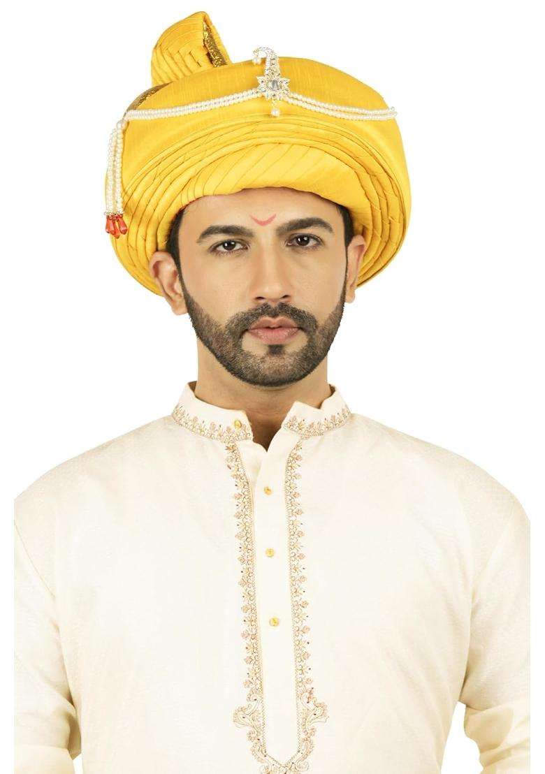 Priyakant Safawala Traditional Handstitch Ready to Wear Yellow Colour Peshwai Pagdi Turban Safa - Indya
