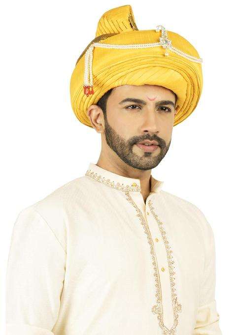 Priyakant Safawala Traditional Handstitch Ready to Wear Yellow Colour Peshwai Pagdi Turban Safa