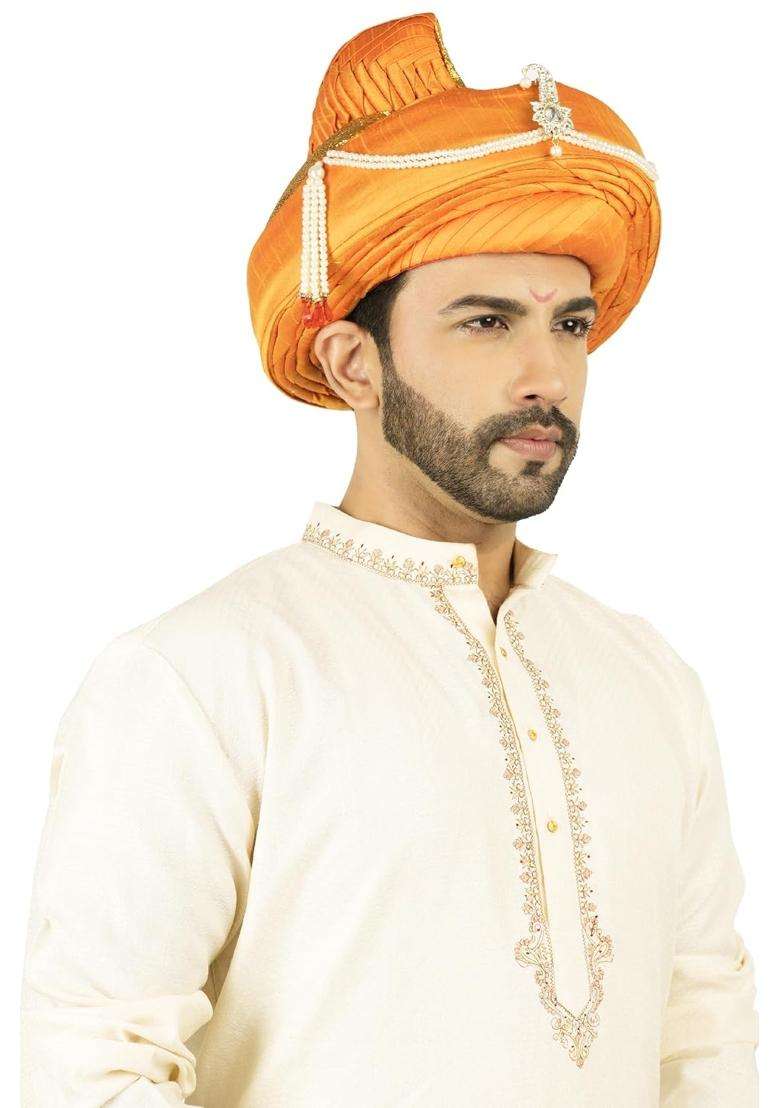 Priyakant Safawala Traditional Handstitch Ready to Wear Mango Colour Peshwai Pagdi Turban Safa - Indya