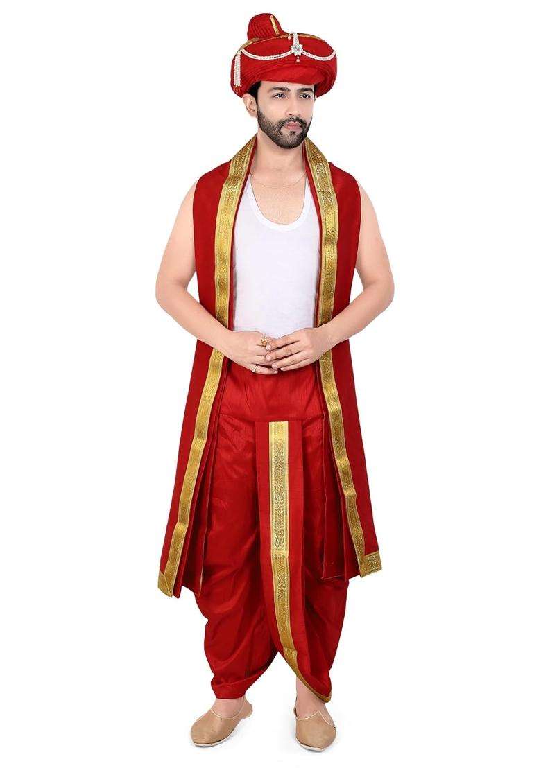 Priyakant Safawala Red Premium Wedding Collection for Maharashtra Peshwai Pagdi with Dhoti Dupatta Set - Indya
