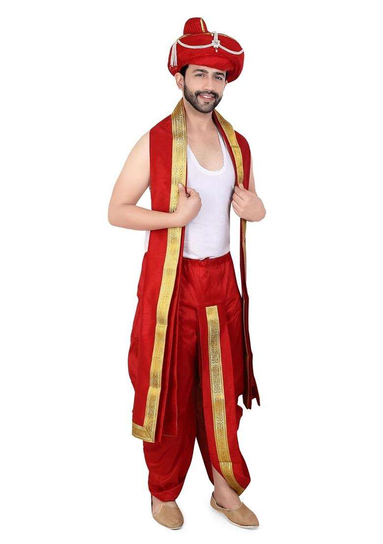 Priyakant Safawala Red Premium Wedding Collection for Maharashtra Peshwai Pagdi with Dhoti Dupatta Set - Indya