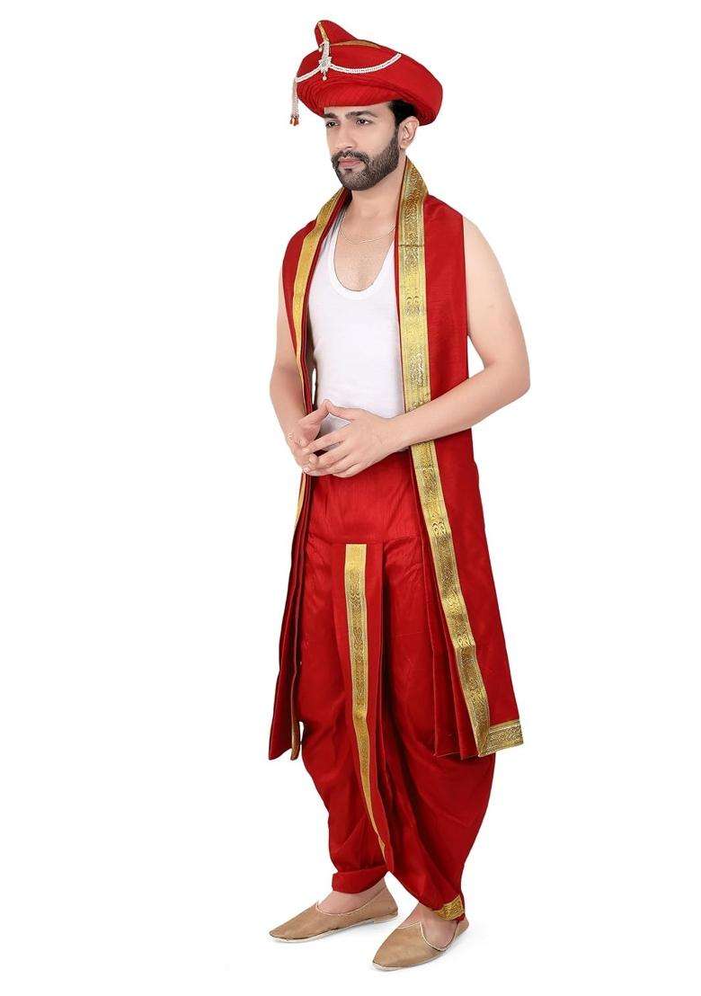Priyakant Safawala Red Premium Wedding Collection for Maharashtra Peshwai Pagdi with Dhoti Dupatta Set - Indya