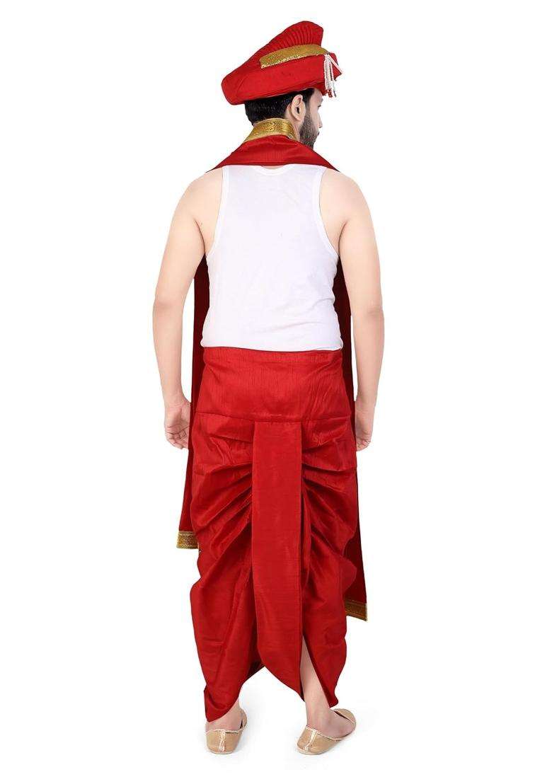 Priyakant Safawala Red Premium Wedding Collection for Maharashtra Peshwai Pagdi with Dhoti Dupatta Set - Indya