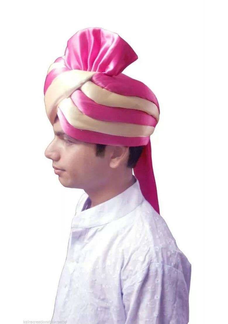 Indian Men Safa Pag Pagri Turban Indian Handmade Groom Wedding Traditional Cream and Pink 7 3 8 23 Large - Indya