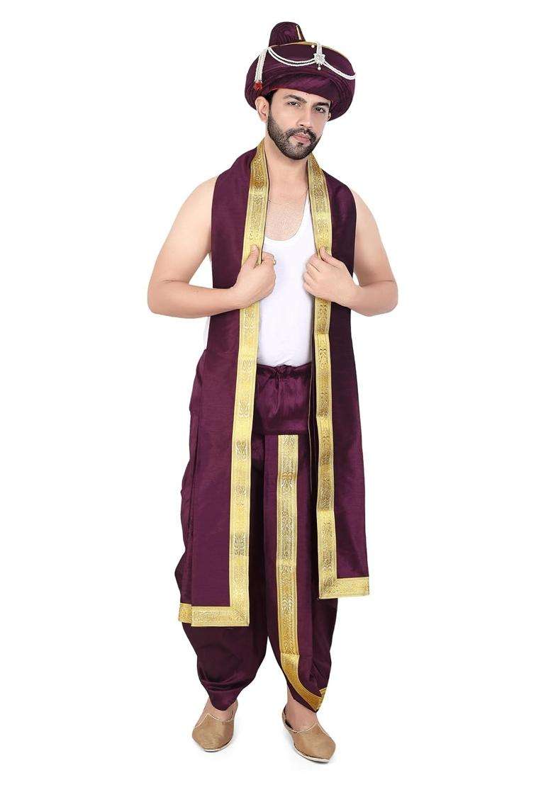 Priyakant Safawala Wine Premium Wedding Collection for Maharashtra Peshwai Pagdi with Dhoti Dupatta Set - Indya