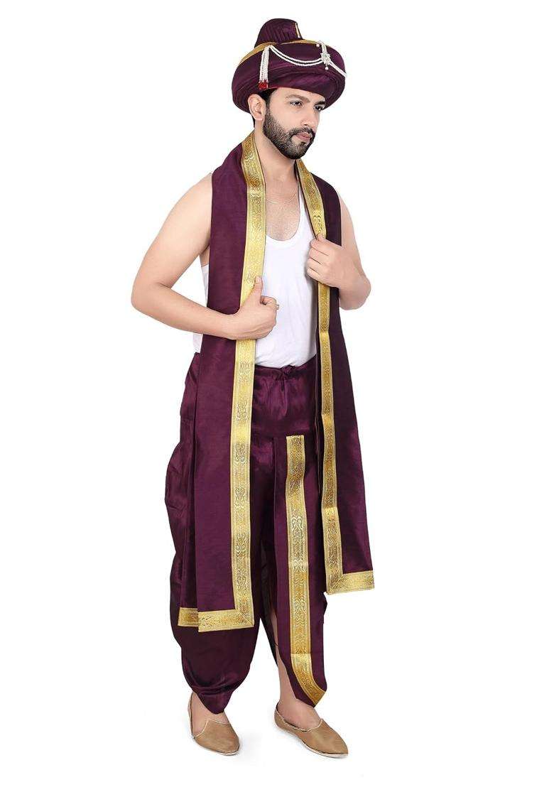 Priyakant Safawala Wine Premium Wedding Collection for Maharashtra Peshwai Pagdi with Dhoti Dupatta Set - Indya