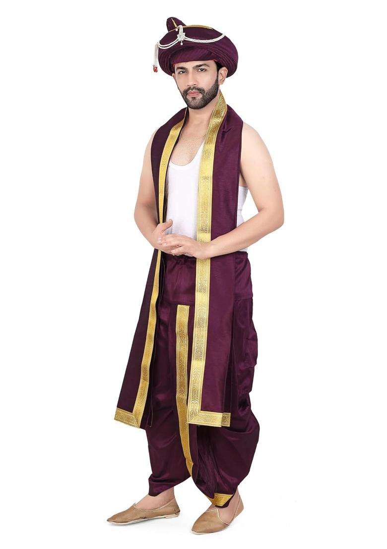 Priyakant Safawala Wine Premium Wedding Collection for Maharashtra Peshwai Pagdi with Dhoti Dupatta Set - Indya