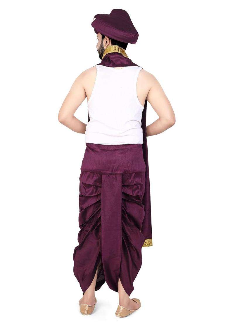 Priyakant Safawala Wine Premium Wedding Collection for Maharashtra Peshwai Pagdi with Dhoti Dupatta Set - Indya