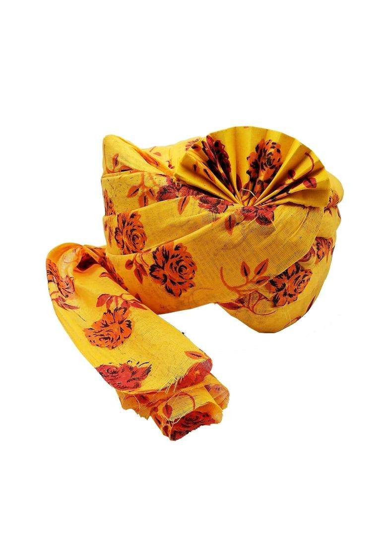 Brown Leaf Rajasthani Readymade Traditional Cotton Flower Printed Yellow Safa Turban Pug Pagdi for Wedding - Indya