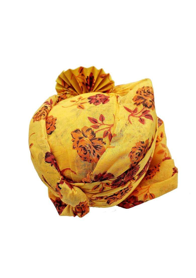 Brown Leaf Rajasthani Readymade Traditional Cotton Flower Printed Yellow Safa Turban Pug Pagdi for Wedding - Indya