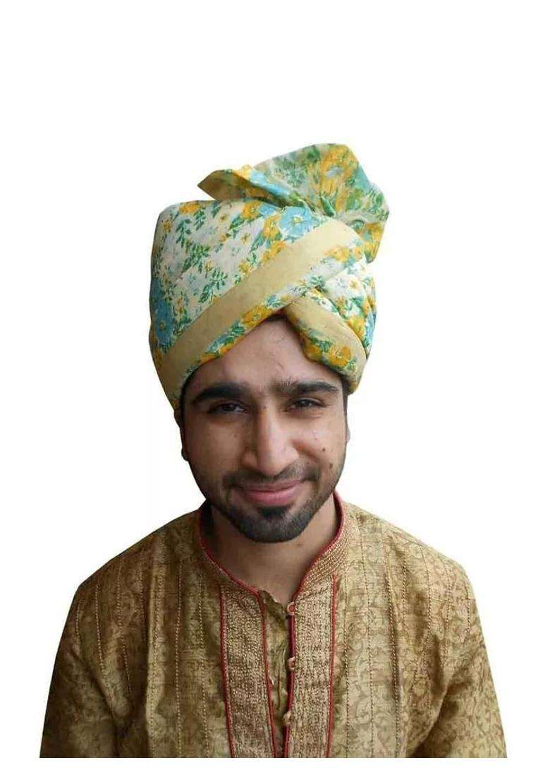 Men Hat Traditional Wedding Groom Pagri Flower Print Banarasi Silk Turban Pag 6 3 4 21 Small Multi Color - Indya