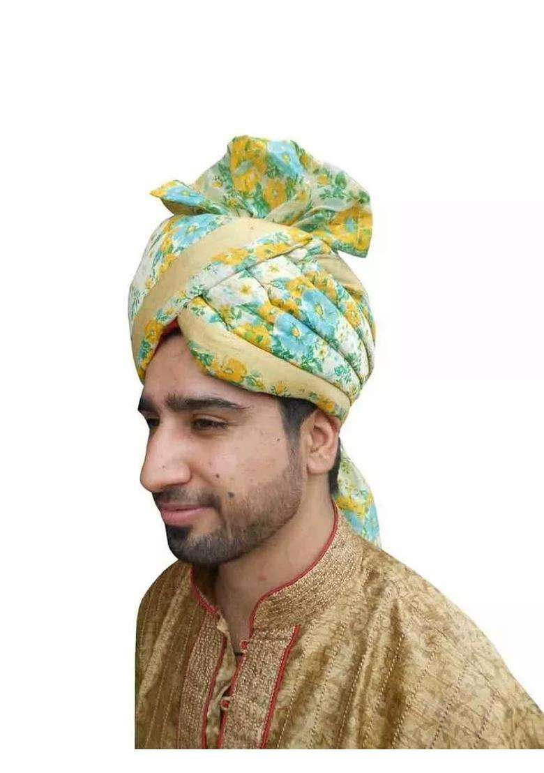 Men Hat Traditional Wedding Groom Pagri Flower Print Banarasi Silk Turban Pag 6 3 4 21 Small Multi Color - Indya