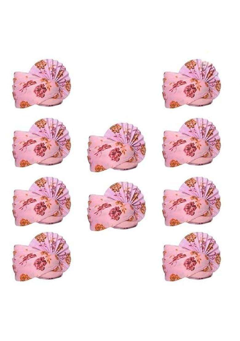 Wedstyle Floral Printed Turban Cap Pink with Rose Pattern Pleated Style Pack of 10 - Indya