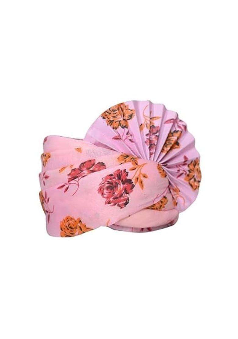 Wedstyle Floral Printed Turban Cap Pink with Rose Pattern Pleated Style Pack of 10 - Indya