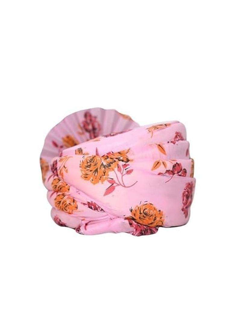 Wedstyle Floral Printed Turban Cap Pink with Rose Pattern Pleated Style Pack of 10 - Indya