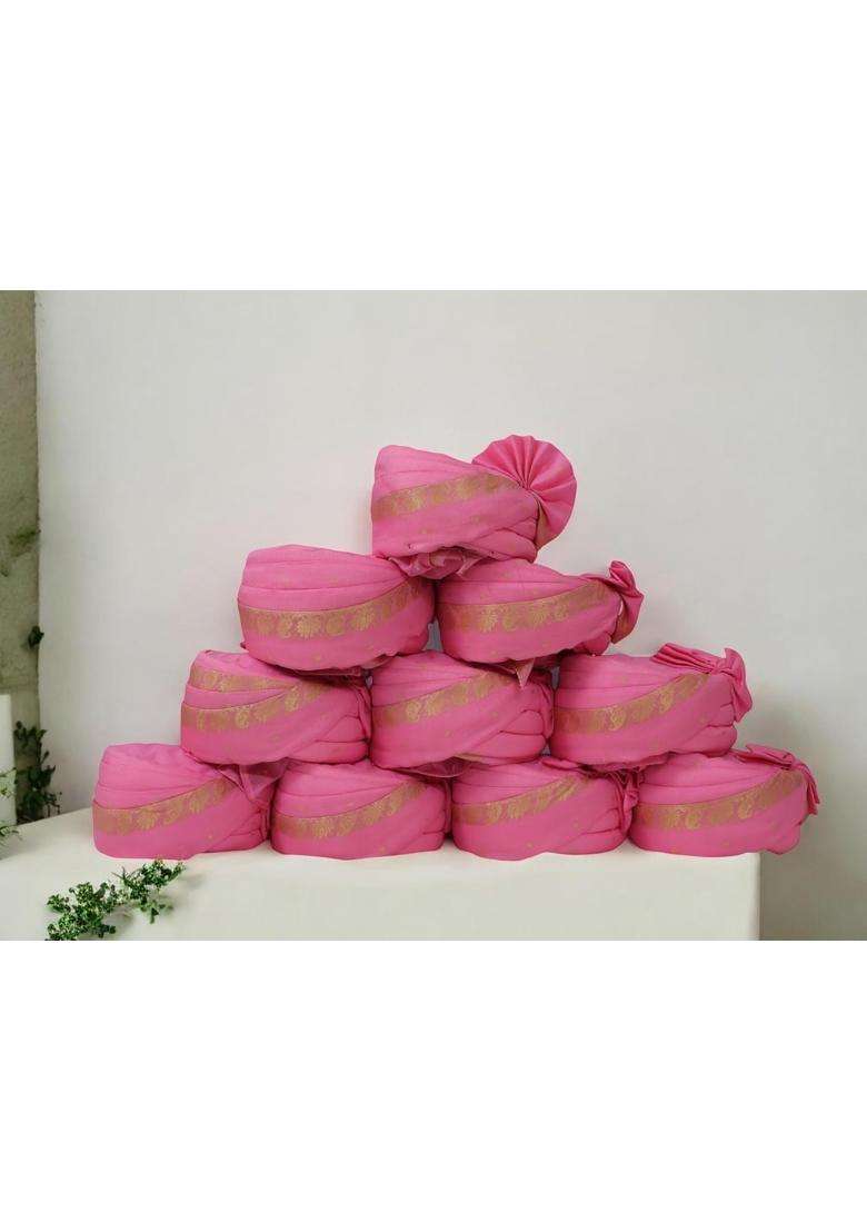 Traditional Wedding Turban Pink with Golden Border Pack of 10 - Indya