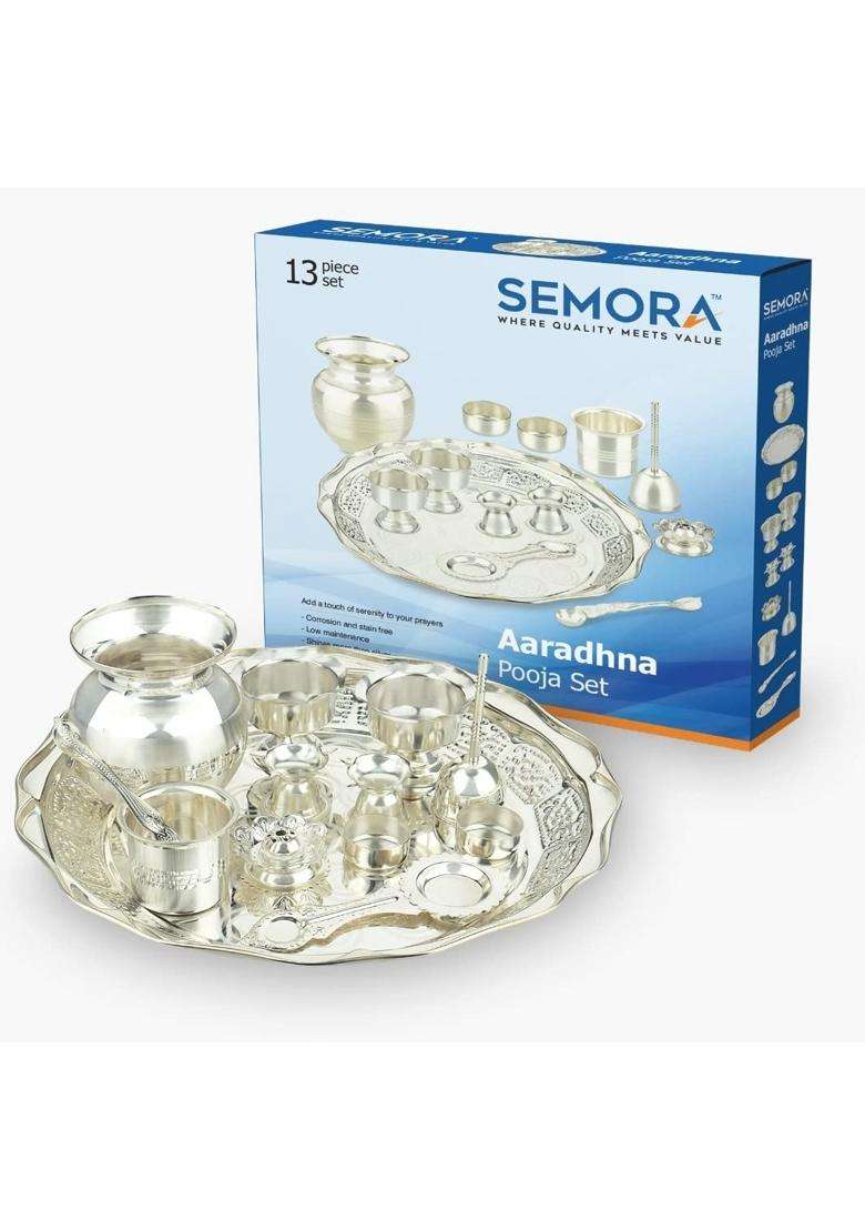 Semora Aaradhna Pooja 13 Piece Set Silver Plated for Pooja and Gifting - Indya