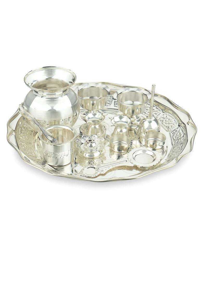 Semora Aaradhna Pooja 13 Piece Set Silver Plated for Pooja and Gifting - Indya