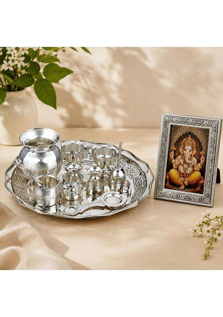 Semora Aaradhna Pooja 13 Piece Set Silver Plated for Pooja and Gifting - Indya