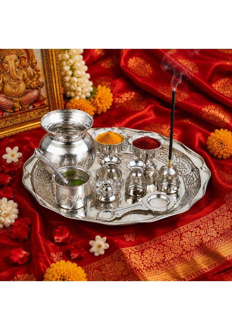 Semora Aaradhna Pooja 13 Piece Set Silver Plated for Pooja and Gifting - Indya