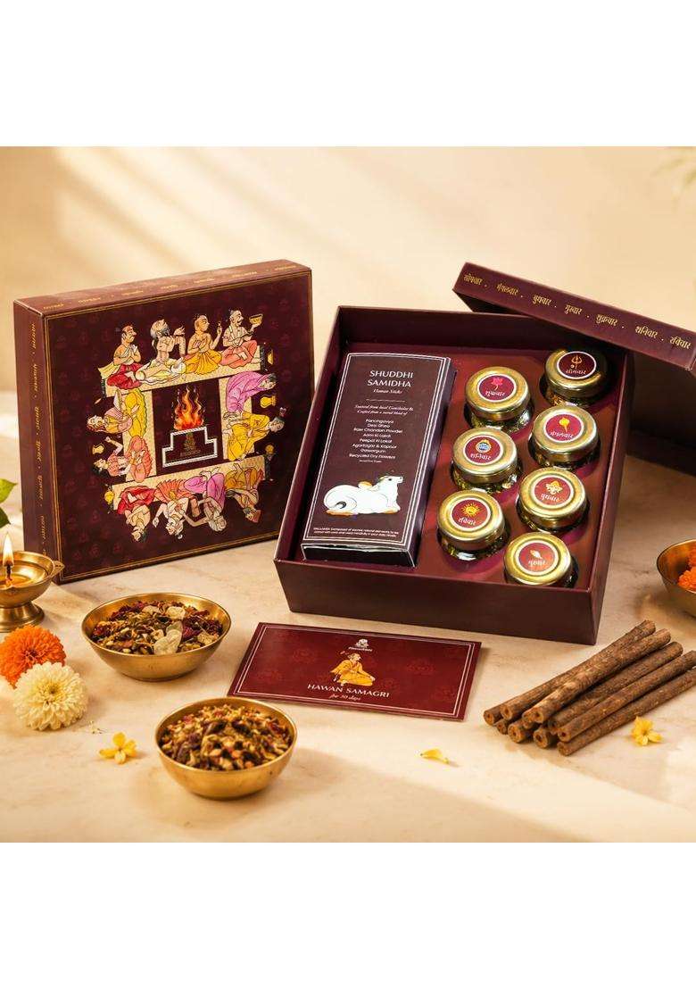 Ritualistic Hawan Samagri Monthly Ritual Box of Devotion and Divine with 7 Glass Kalash Jars and Organic - Indya