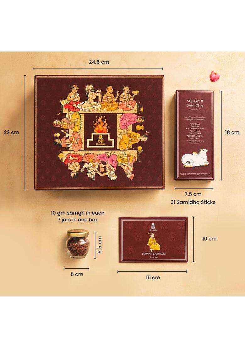 Ritualistic Hawan Samagri Monthly Ritual Box of Devotion and Divine with 7 Glass Kalash Jars and Organic - Indya