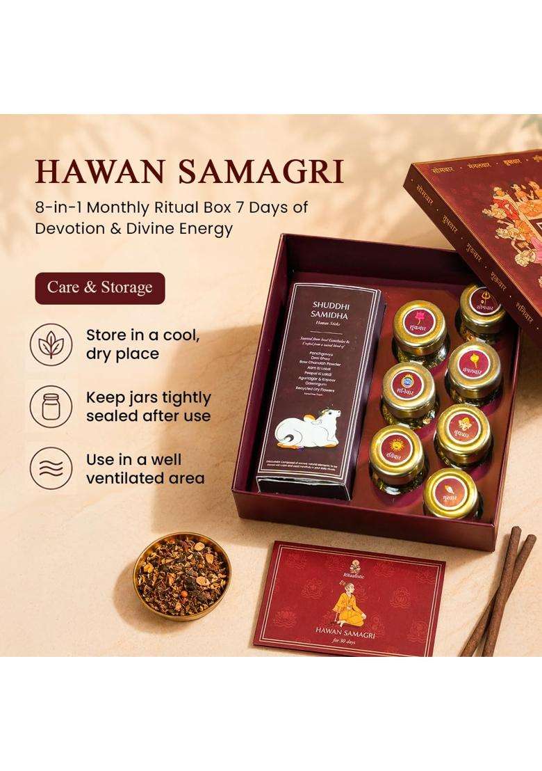 Ritualistic Hawan Samagri Monthly Ritual Box of Devotion and Divine with 7 Glass Kalash Jars and Organic - Indya