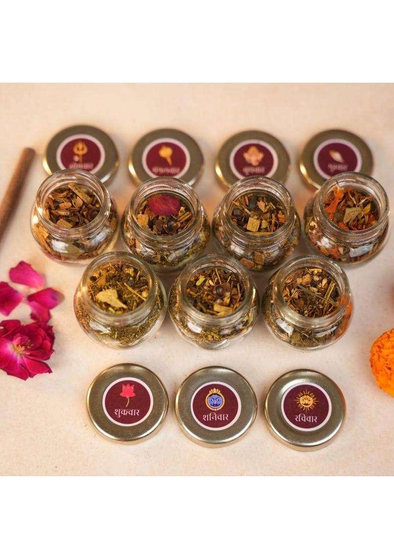 Ritualistic Hawan Samagri Monthly Ritual Box of Devotion and Divine with 7 Glass Kalash Jars and Organic - Indya