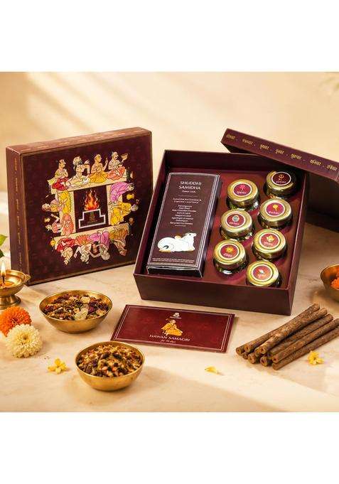 Ritualistic Hawan Samagri Monthly Ritual Box of Devotion and Divine with 7 Glass Kalash Jars and Organic