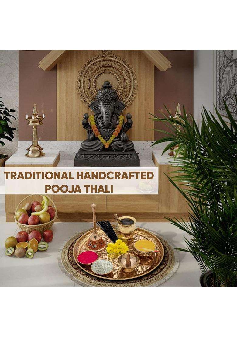 Karigar Creations Golden Brass Pooja Thali Traditional Pital Pooja Items with Diya Bell Dhoop Holder Set of 8 - Indya