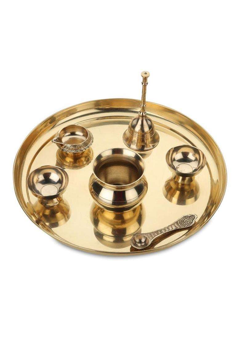 Dokchan Gold Handcrafted Pure Brass Puja Thali for Home Temple Crafted Design for Divine Blessing Set of 7 - Indya