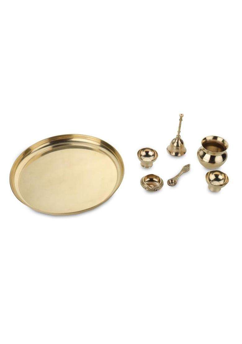 Dokchan Gold Handcrafted Pure Brass Puja Thali for Home Temple Crafted Design for Divine Blessing Set of 7 - Indya