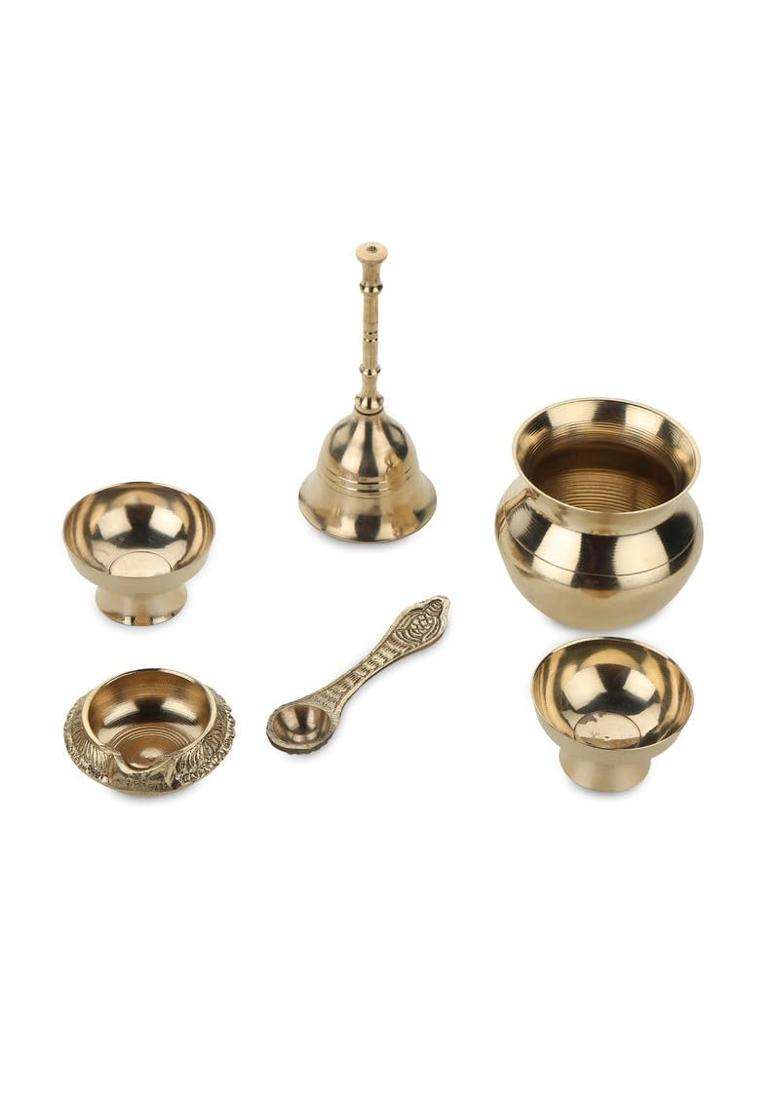 Dokchan Gold Handcrafted Pure Brass Puja Thali for Home Temple Crafted Design for Divine Blessing Set of 7 - Indya