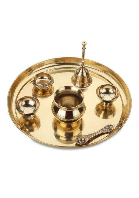 Dokchan Gold Handcrafted Pure Brass Puja Thali for Home Temple Crafted Design for Divine Blessing Set of 7