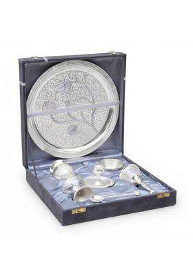 WWD World Wide Decor German Silver Plated Pooja Thali Set 10 Inch Plate 7 Pieces with Velvet Gift Box
